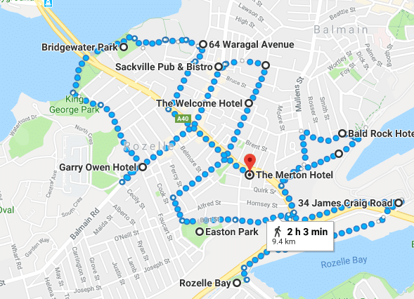 Pub Crawl Rozelle Walk Map