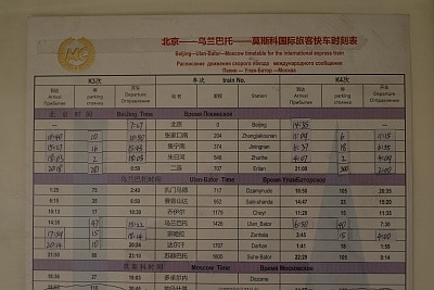 Timetable on Chinese Section of the Trans-Mongolian Train